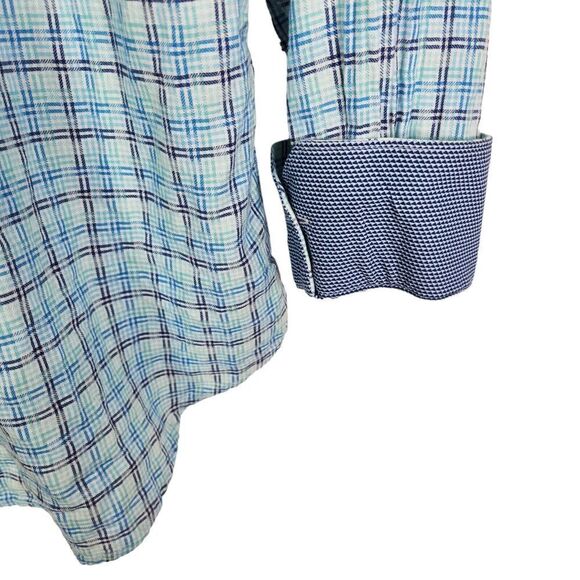 BUGATCHI Shirt Mens Medium Blue Plaid Long Sleeve Flip Cuff Preppy Button Up - Picture 5 of 9